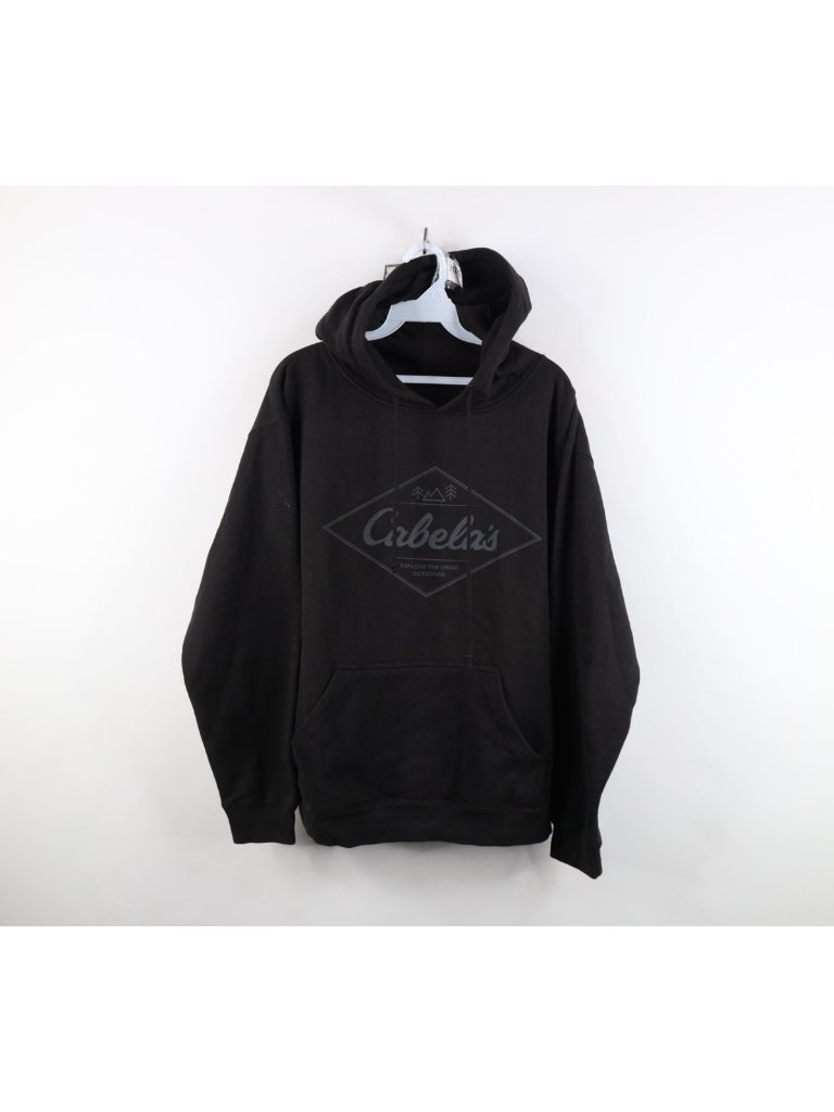 Vintage Y2k Cabelas Mens Large Faded Spell Out Outdoors Hoodie Sweatshirt Black